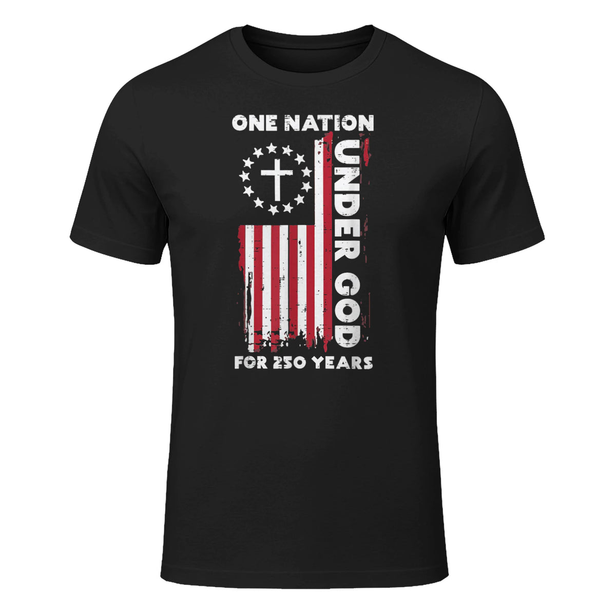 Christian American Flag Anniversary T-Shirt in Black - front view
