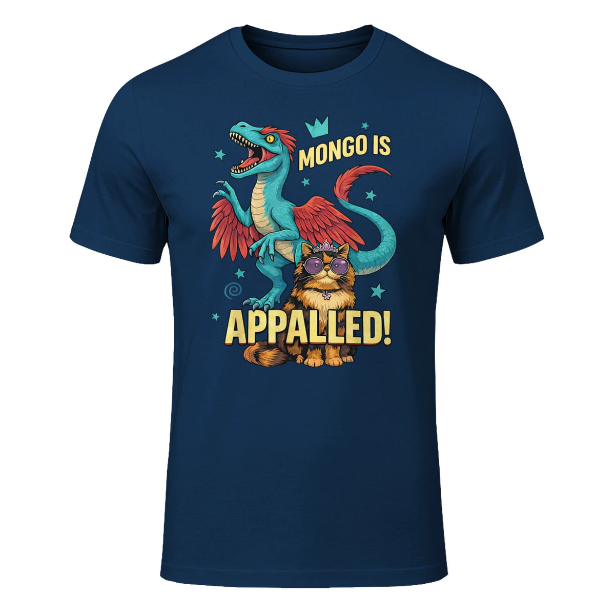 Retro Mongo is Appalled Princess Cat Riding Dinosaur Womens T-Shirt in Navy - front view