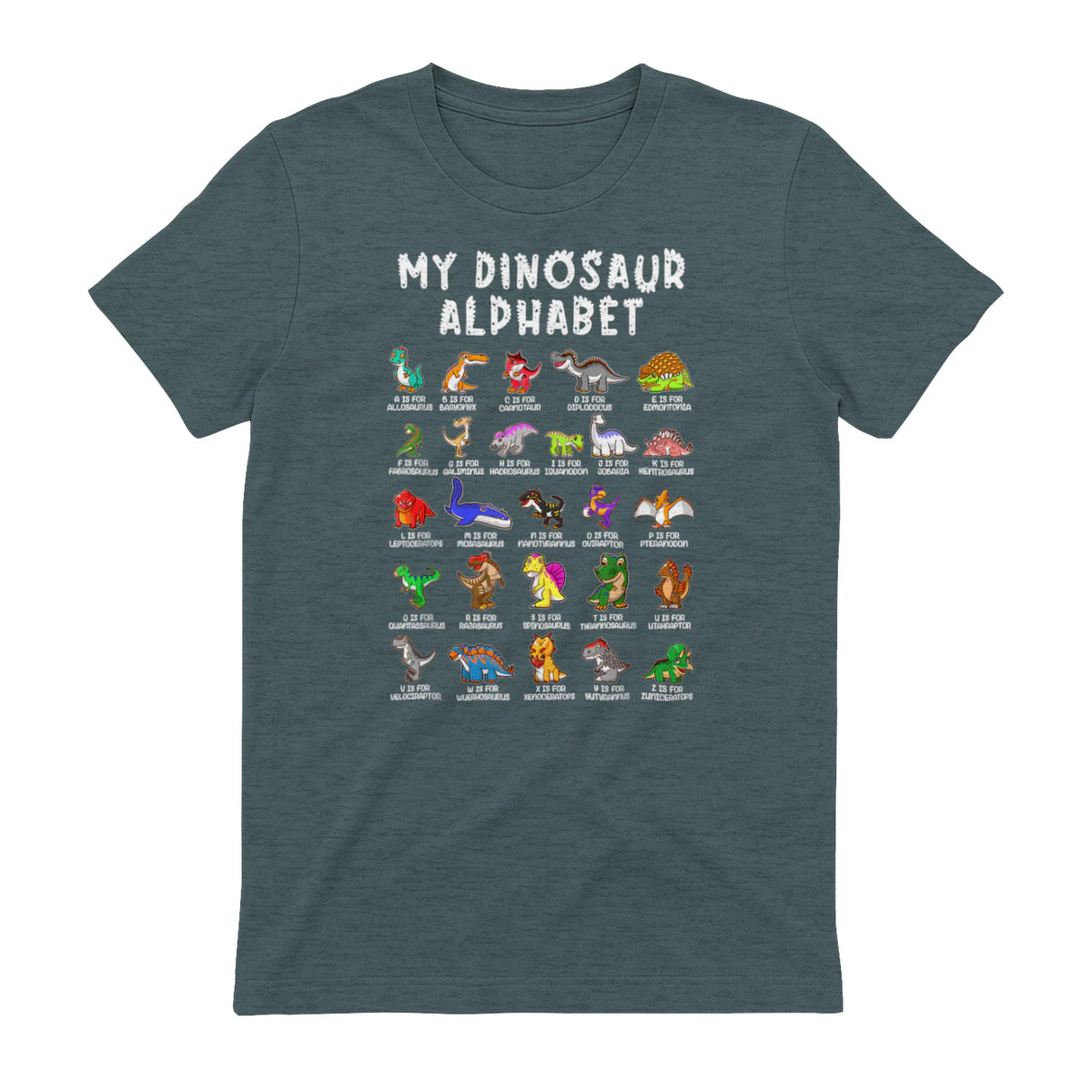 Types Of Dinosaurs Alphabet Dino Identification T-Shirt in Dark Heather - back view