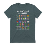 Types Of Dinosaurs Alphabet Dino Identification T-Shirt in Dark Heather - back view