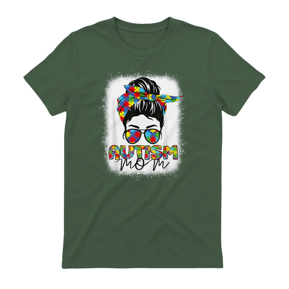 Autism Mom Life Messy Bun T-Shirt in Military Green - back view