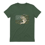 Fishing Camouflage US American Flag Bass Fish Fisherman Camo T-Shirt in Military Green - back view