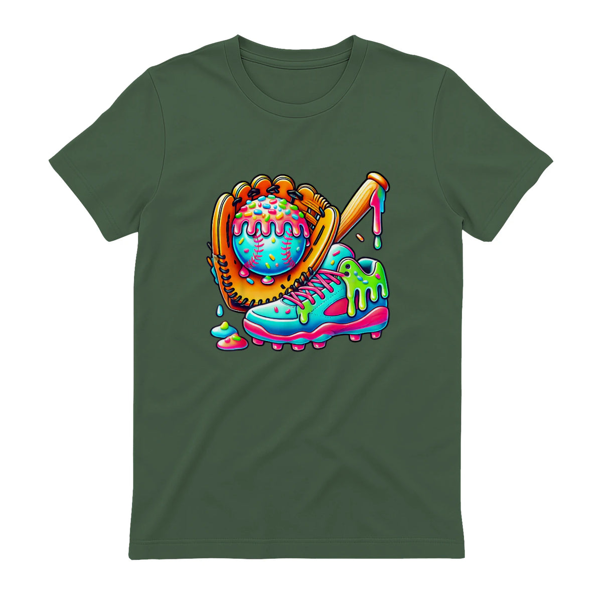 Ice Cream Drip Baseball Stuff Baseball Drip for Boys Graphic T-Shirt in Military Green - back view