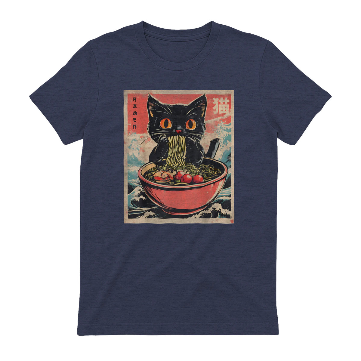 Unisex Adults Cat Ramen Japanese Funny Graphic Tees Kawaii Cat Anime Gifts T-Shirt in Heather Navy - back view