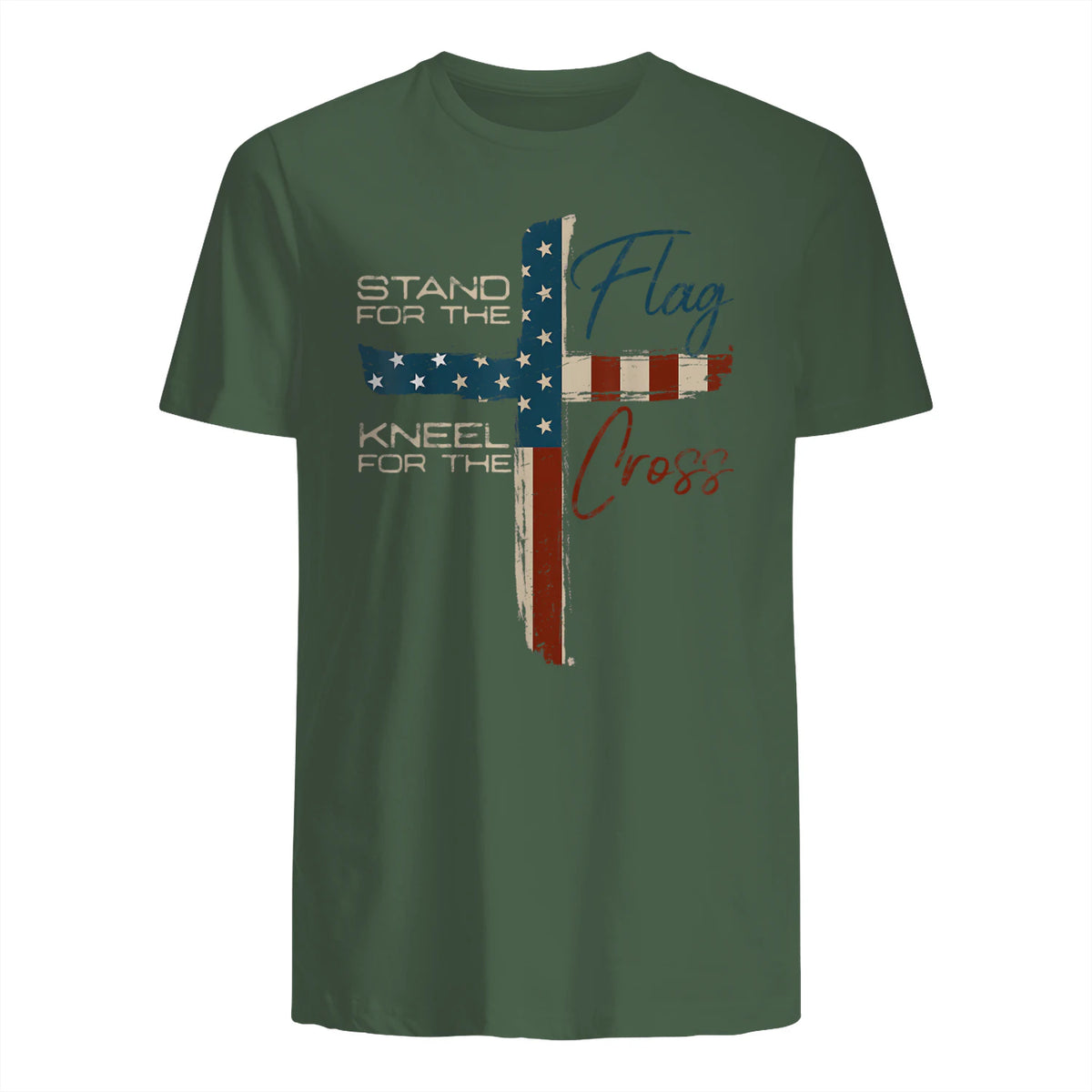 USA Flag Religious Quote Fourth of July Christian Faith T-Shirt in Military Green - back view