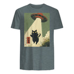 Vintage Japanese Cat Alien Cat Dad UFO Abduction Graphic Tee T-Shirt in Dark Heather - back view