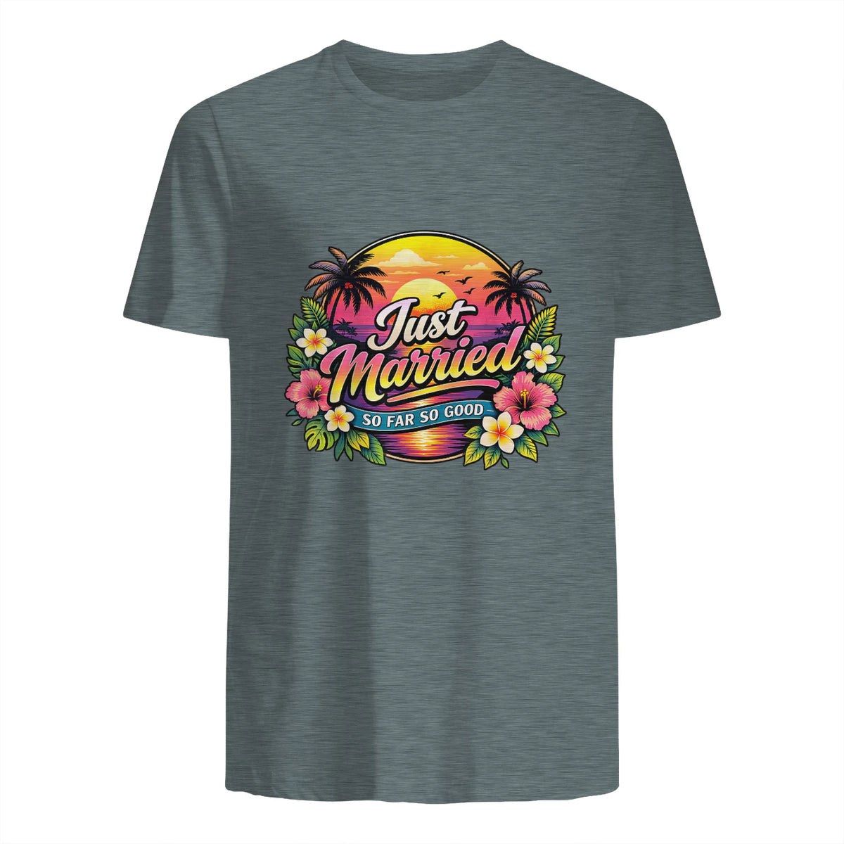 Couple de Jeunes mariés drôle Just Married Tropical Honeymoon in Dark Heather - back view