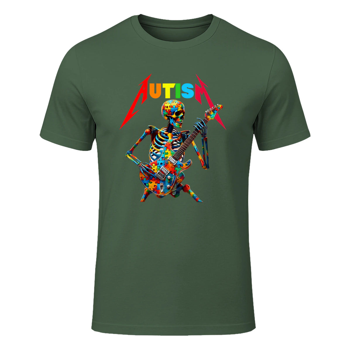 Autism Skeleton Guitar Player Rock Music Autism Awareness in Military Green - front view