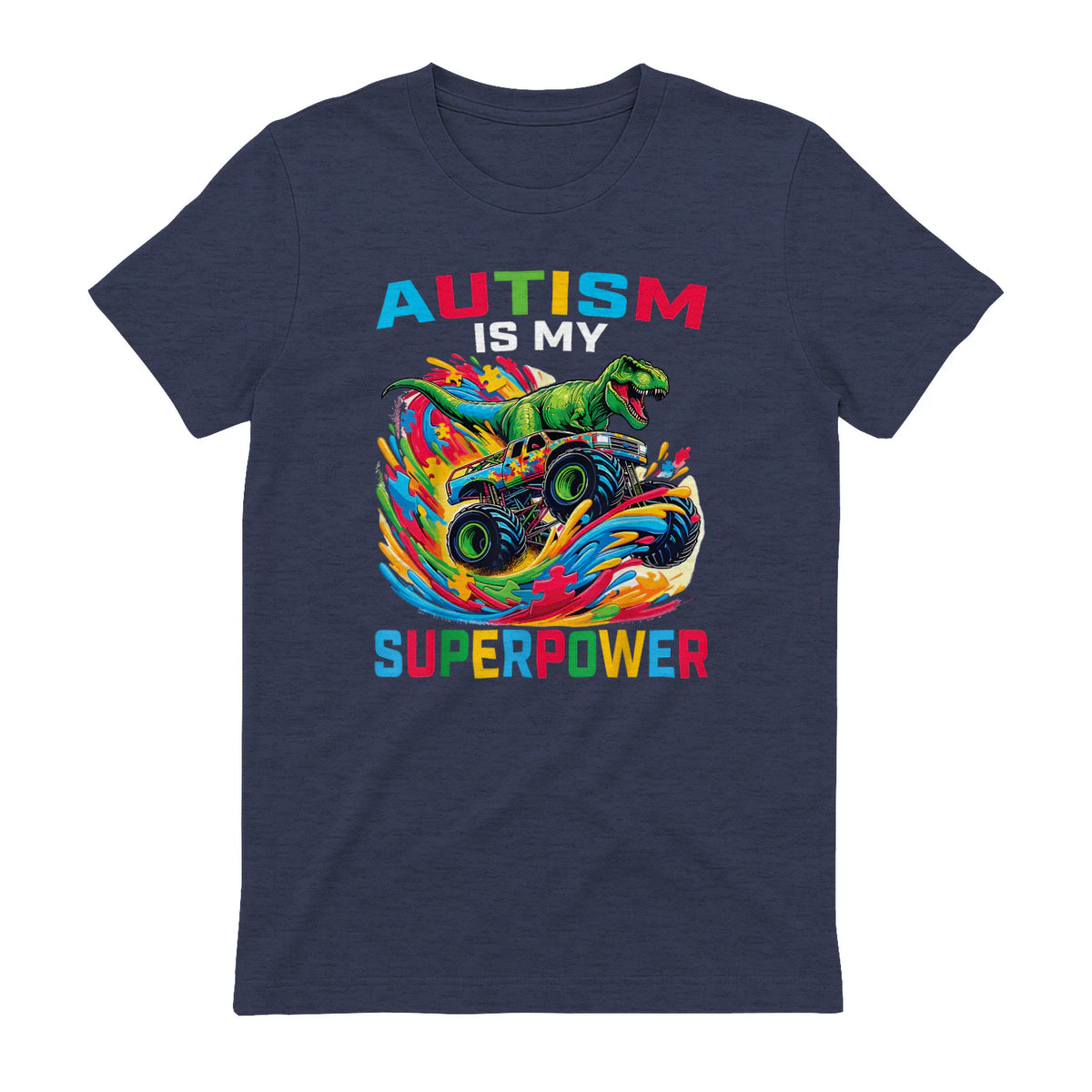 Autism is My Superpower Dino T Rex Monster Truck Kids Boys in Heather Navy - back view