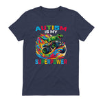Autism is My Superpower Dino T Rex Monster Truck Kids Boys in Heather Navy - back view