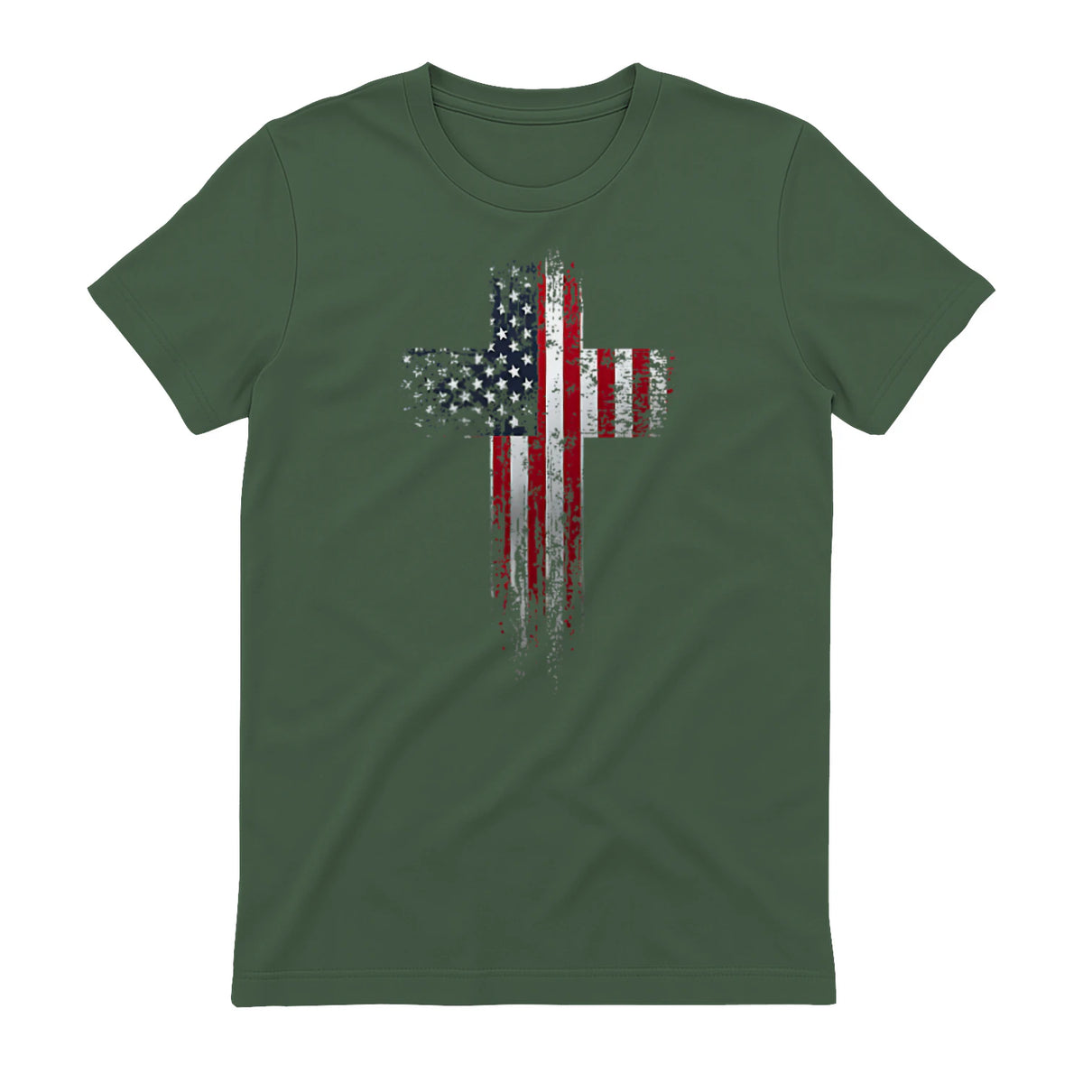 American USA Flag Christian Cross T-Shirt in Military Green - back view