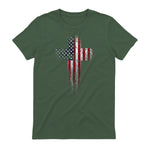 American USA Flag Christian Cross T-Shirt in Military Green - back view