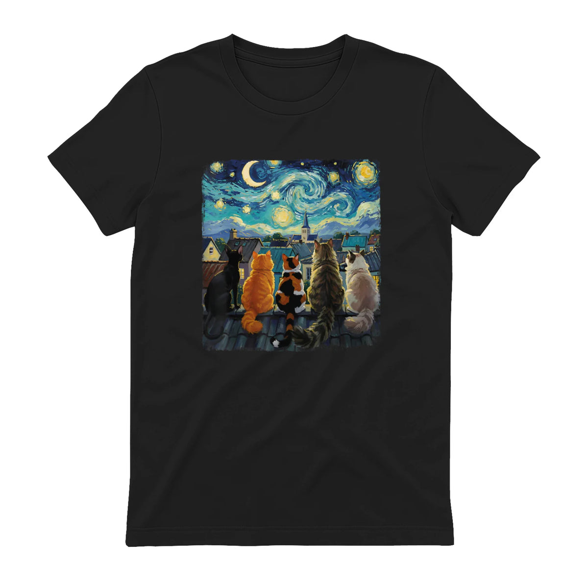 Funny Cat Starry Night Van Gogh Cats Rooftop Scene Feline T-Shirt in Black - back view