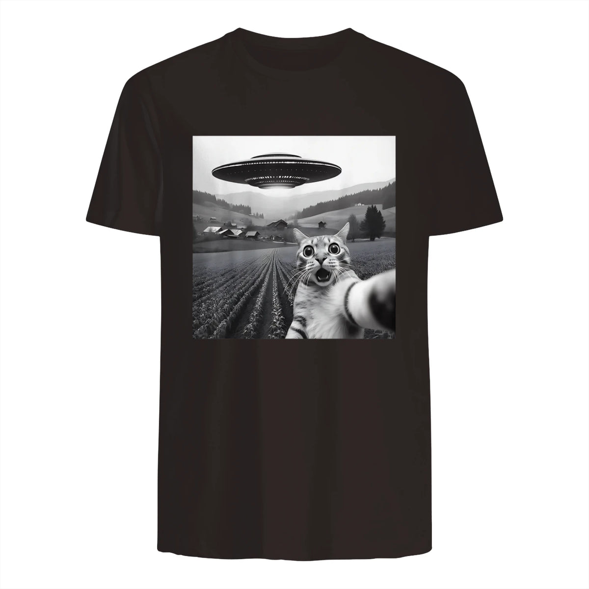 Cat Selfie With Alien UFO Funny Cat Gifts For Men Women Kid T-Shirt in Dark Chocolate - back view