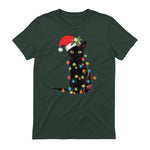 Santa Black Cat Tangled Up In Christmas Tree Lights Holiday in Forest Green - back view