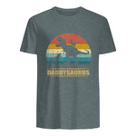 Daddy Dinosaur Daddysaurus Two Kids Funny Father's Day T-Shirt in Dark Heather - back view