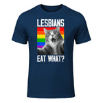 Lesbians Eat What? LGBT Lesbian Girlfriend Funny Cat Gift T-Shirt in Navy - front view