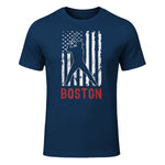 Boston Massachusetts American Flag Baseball Weathered T-Shirt in Navy - front view