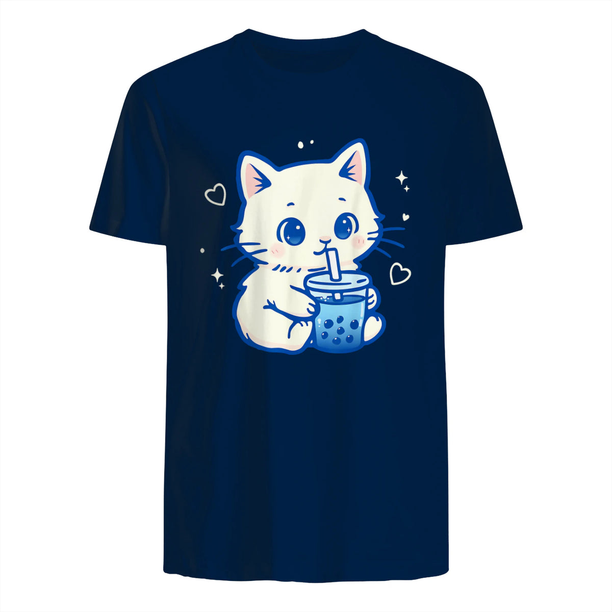 Kawaii Cat Boba Japanese Cute Aesthetic Anime Girls Teens T-Shirt in Navy - back view