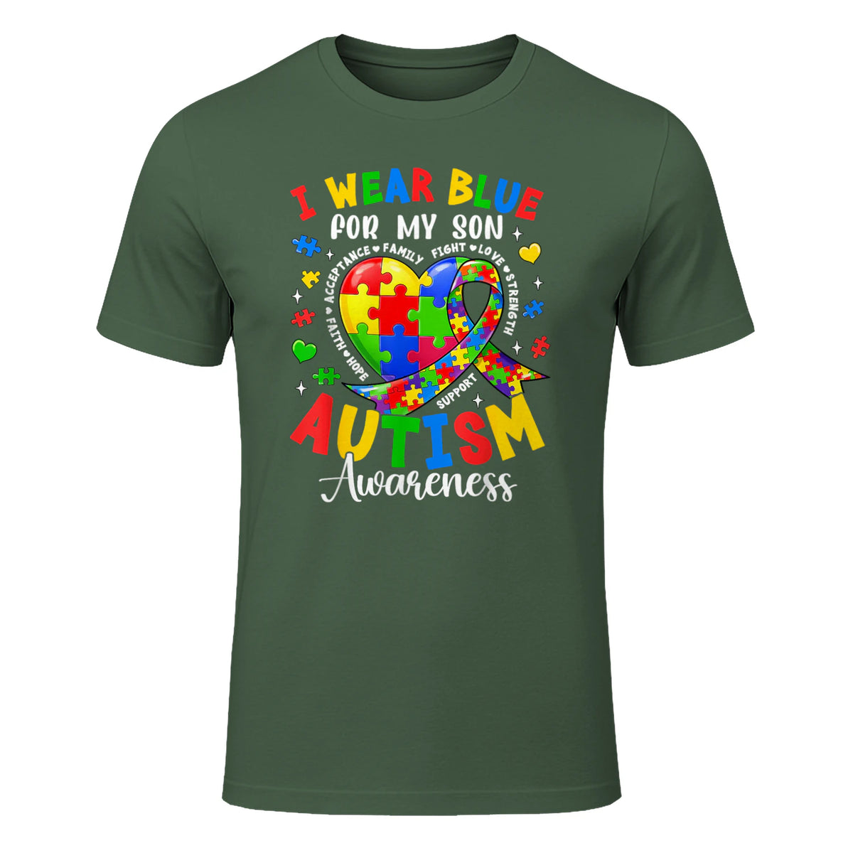 I Wear Blue for My Son Autism Awareness for Women Autism Mom in Military Green - front view