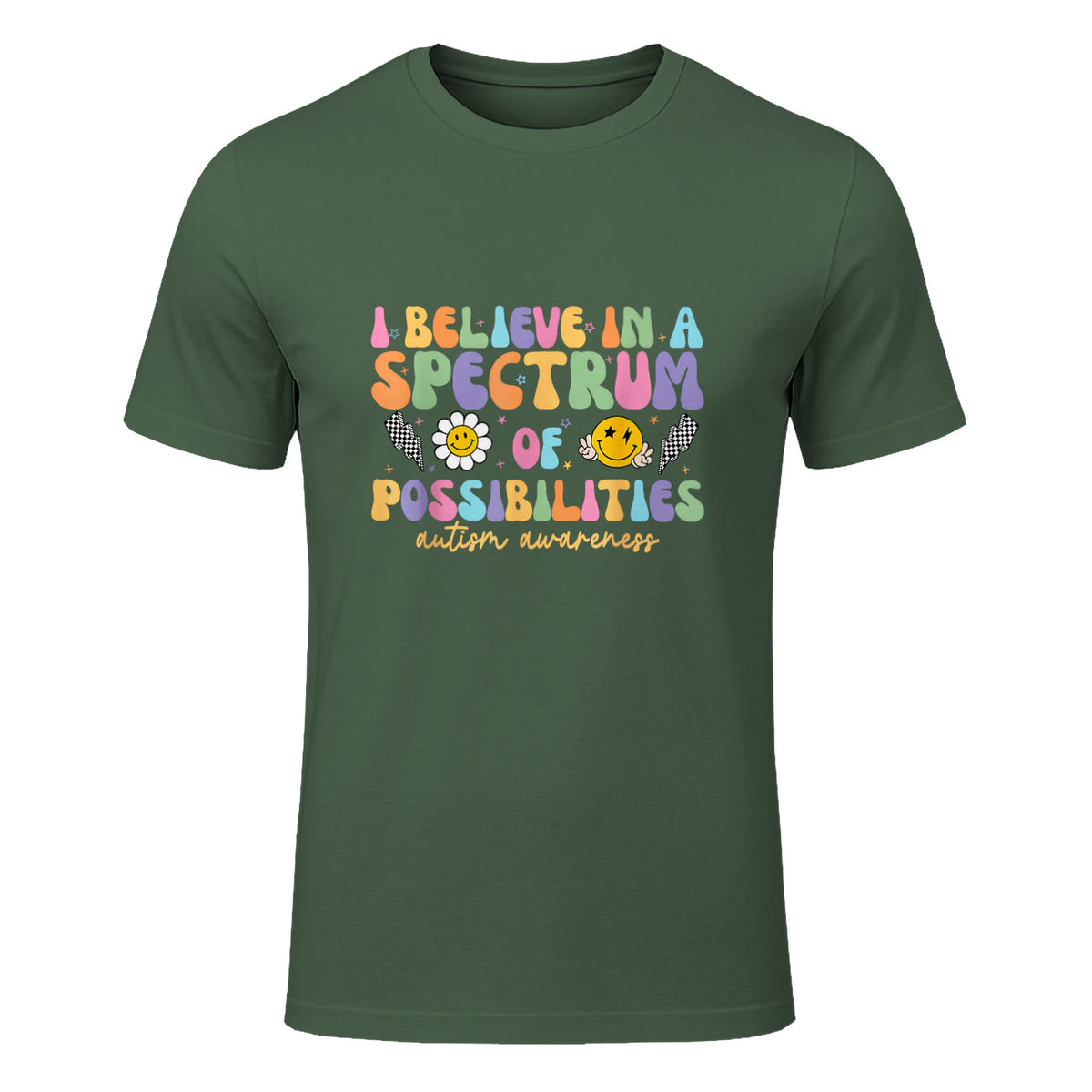 I Believe in A Spectrum of Possibilities Autism Awareness in Military Green - front view