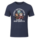 Cats Side Quest Funny Tabletop T-Shirt in Heather Navy - front view