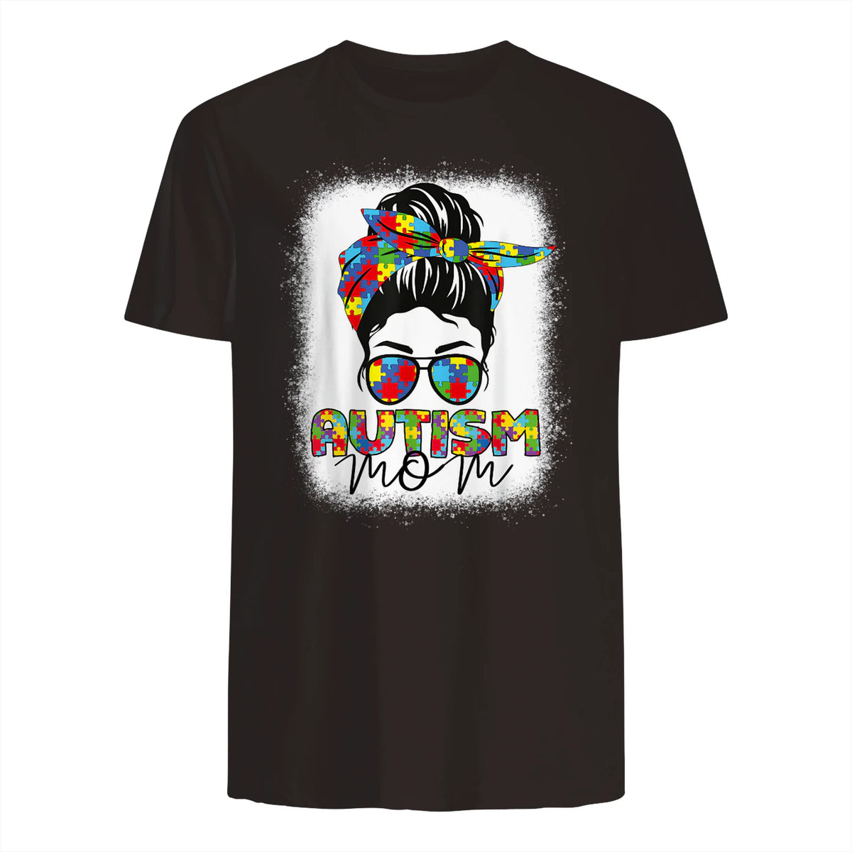 Autism Mom Life Messy Bun T-Shirt in Dark Chocolate - back view