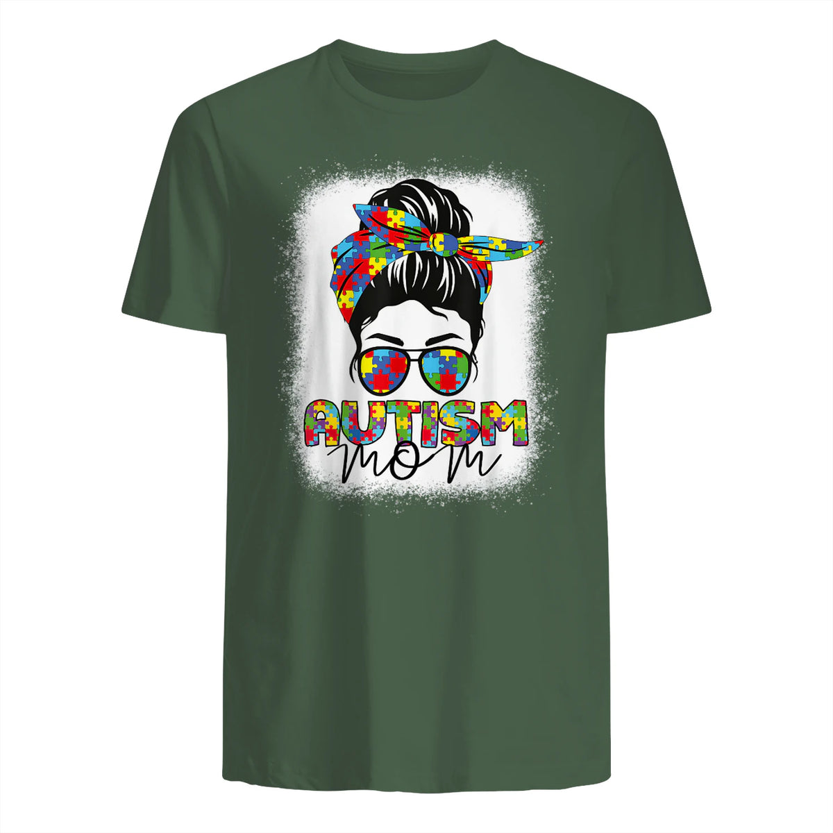Autism Mom Life Messy Bun T-Shirt in Military Green - back view