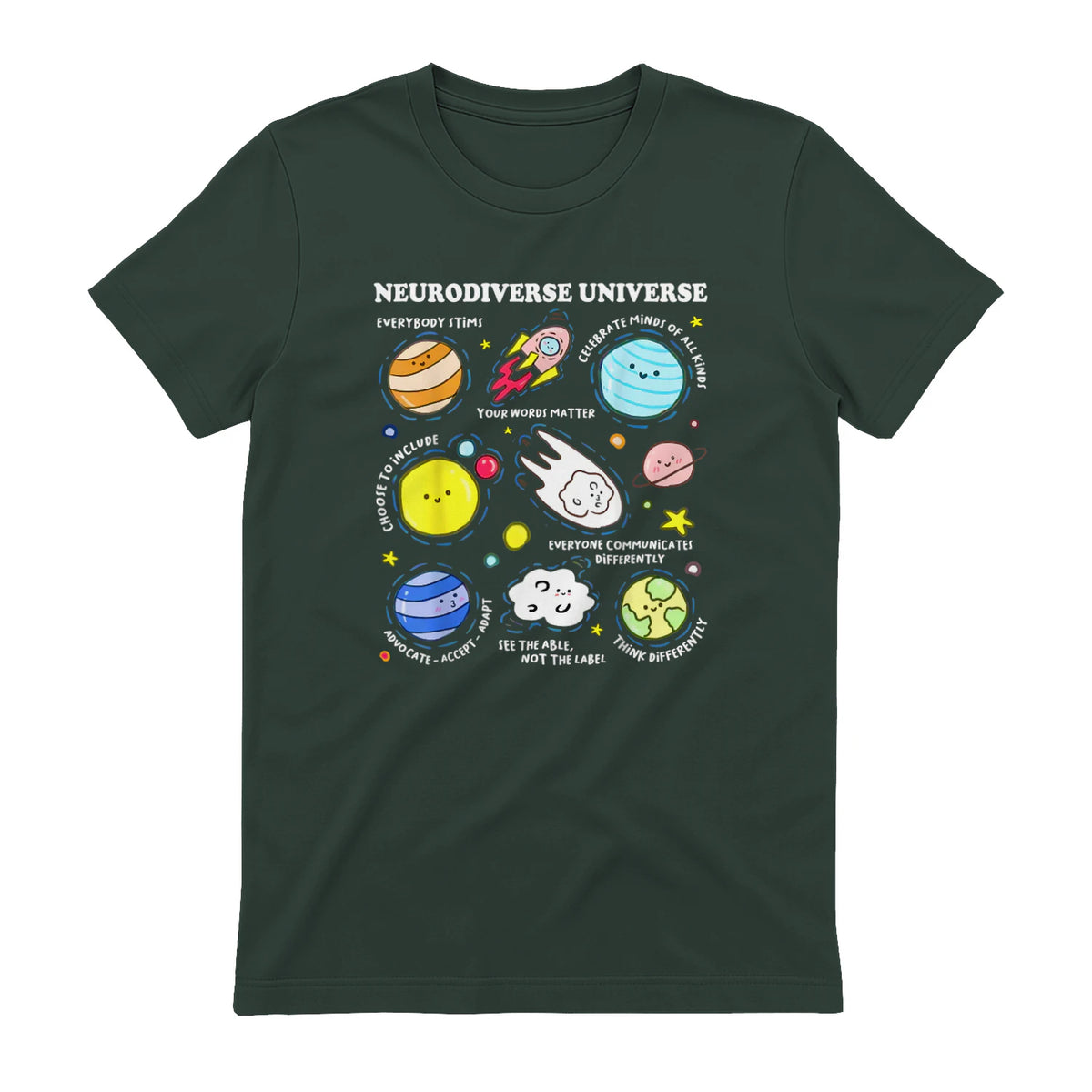 Kids Autism Awareness Neurodiverse Universe Neurodiversity in Forest Green - back view