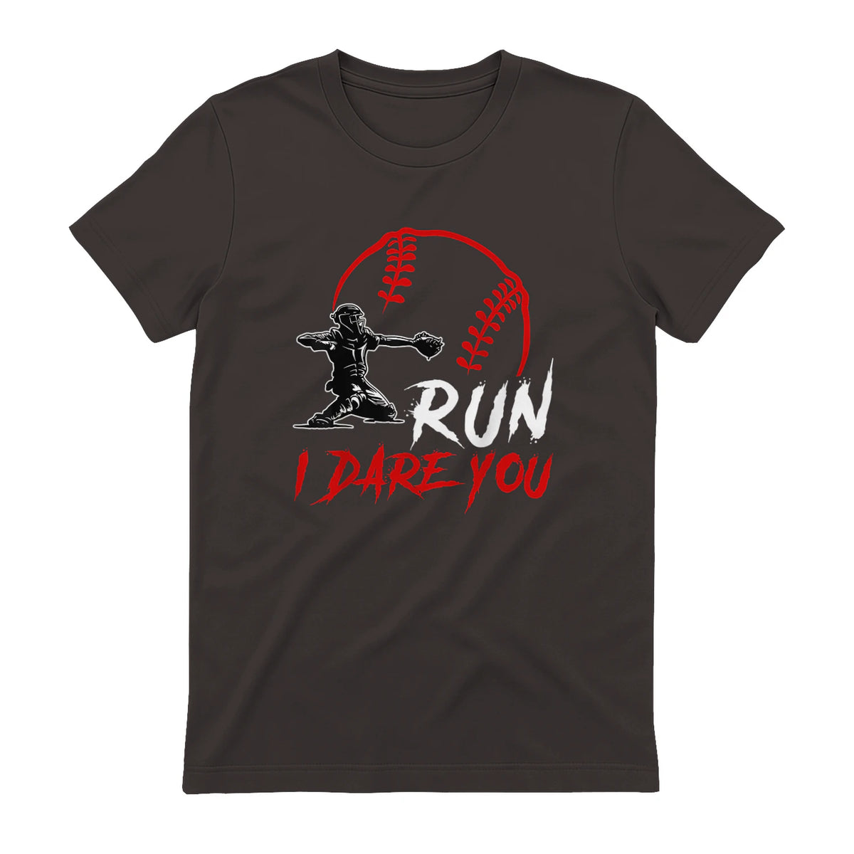 Run Steal I Dare You Humor Baseball Catcher Vintage T-Shirt in Dark Chocolate - back view