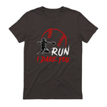 Run Steal I Dare You Humor Baseball Catcher Vintage T-Shirt in Dark Chocolate - back view