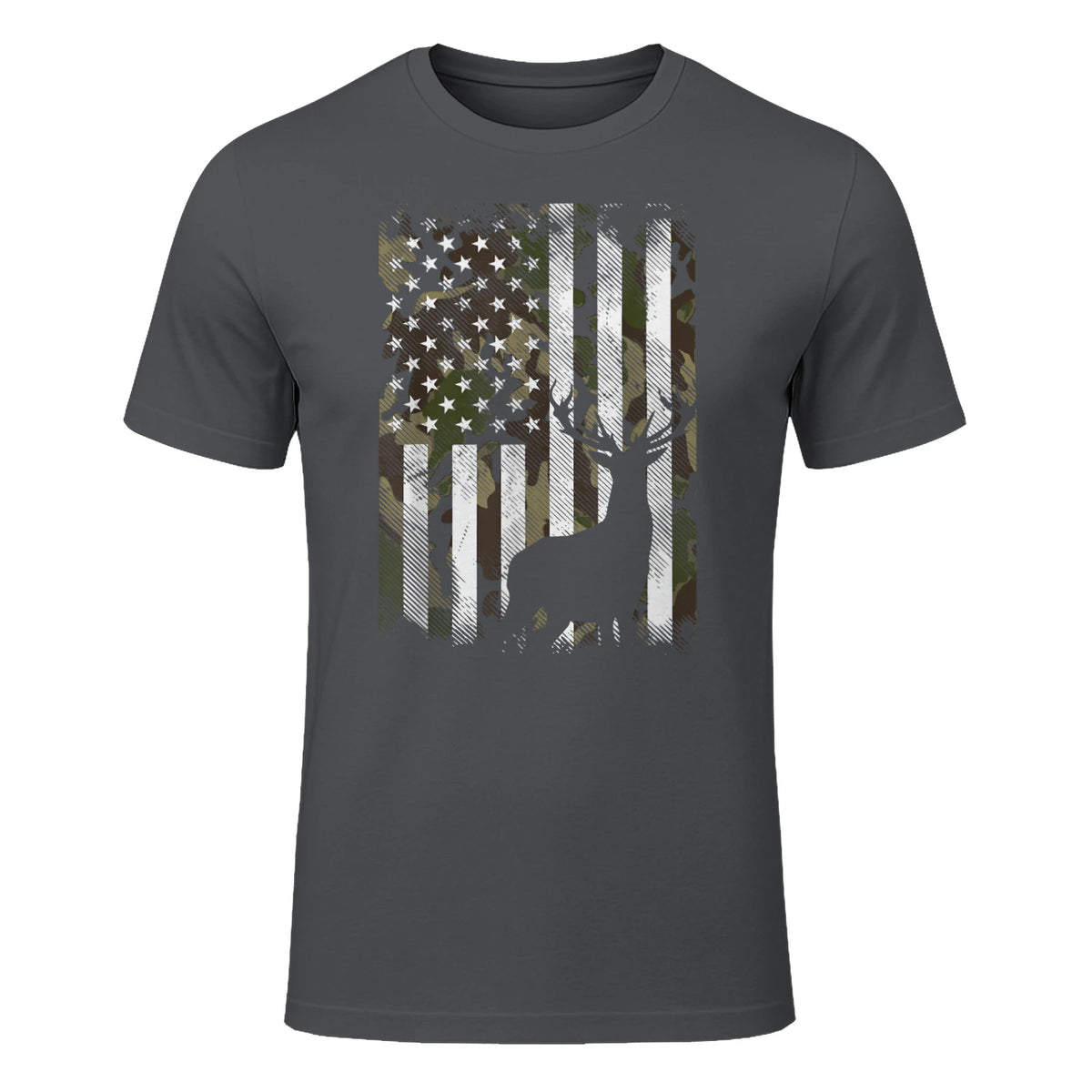 Camo US Flag Deer Elk Buck Camoflage Hunting Hunter Dad Gift Short Sleeve in Charcoal - front view