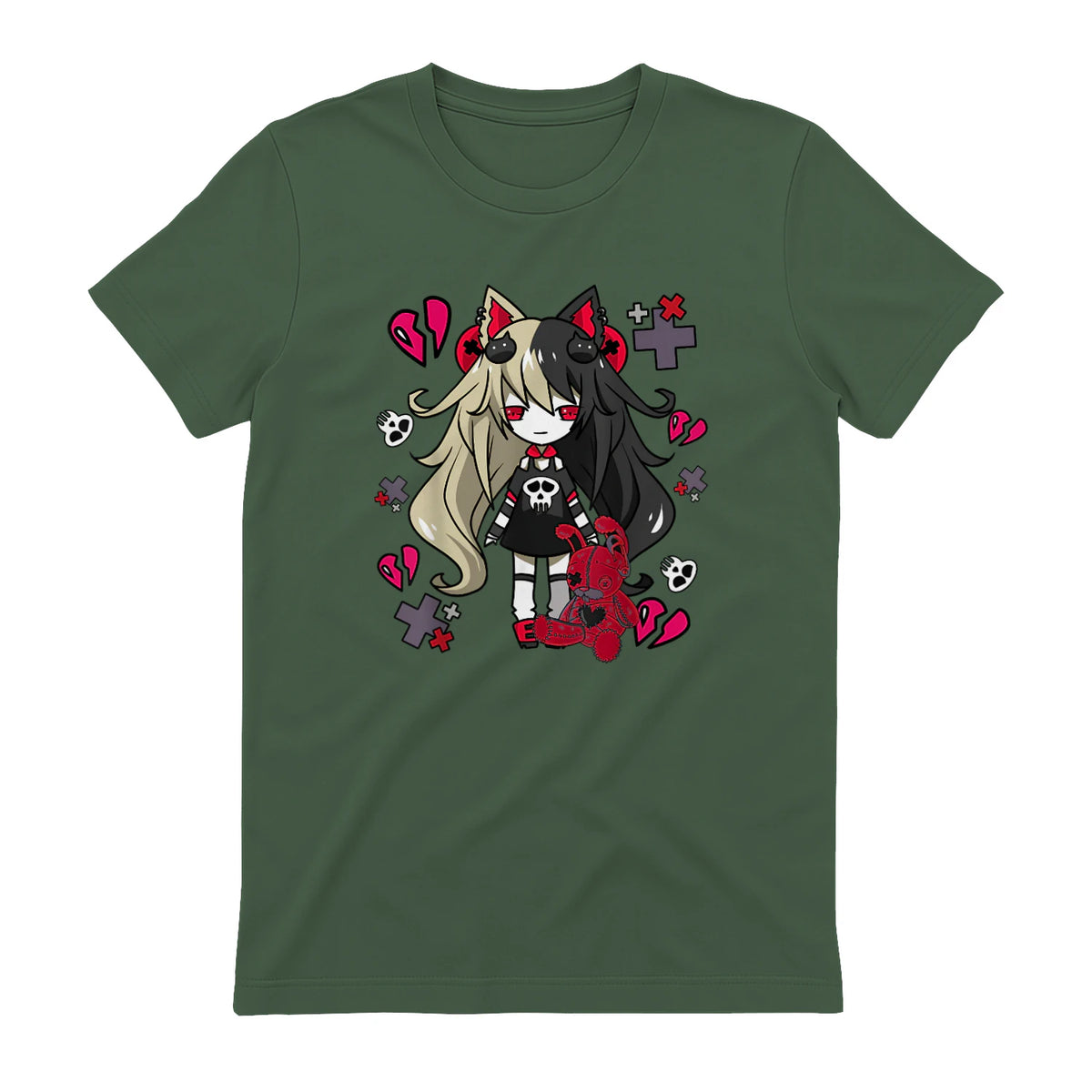 Chibi Kawaii Emo Pastel Goth Girl with Sad Bunny in Military Green - back view