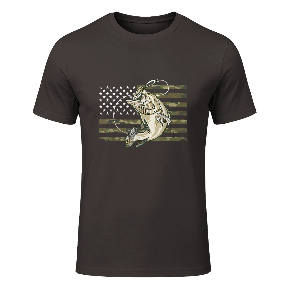 Fishing Camouflage US American Flag Bass Fish Fisherman Camo T-Shirt in Dark Chocolate - front view