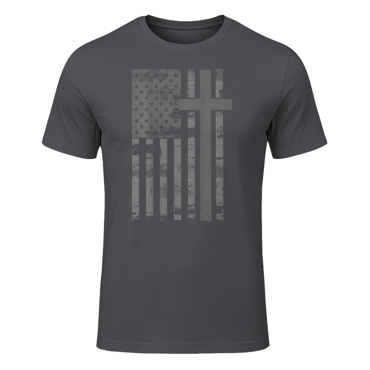 (Art) American Flag Christian Faith Cross Patriotic T-Shirt in Charcoal - front view