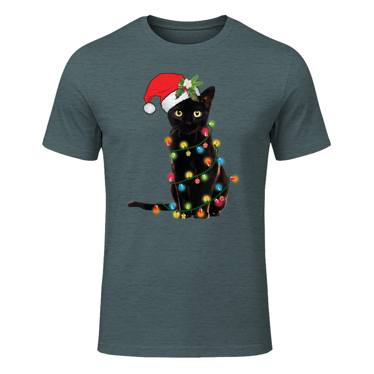Santa Black Cat Tangled Up In Christmas Tree Lights Holiday in Dark Heather - front view