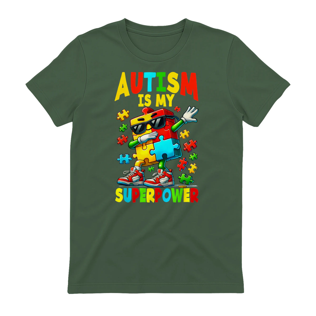 Puzzle Autism Awareness Autistic Support in Military Green - back view
