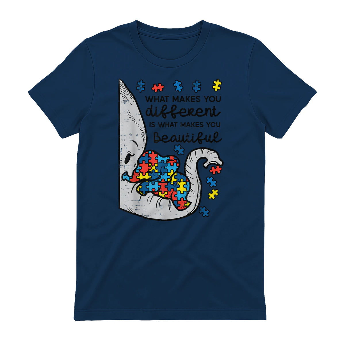 What Makes You Different Autism Awareness T-Shirt in Navy - back view