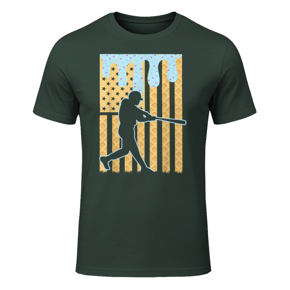 Baseball Drip Boys Dripping Ice Cream Baseball American Flag T-Shirt in Forest Green - front view