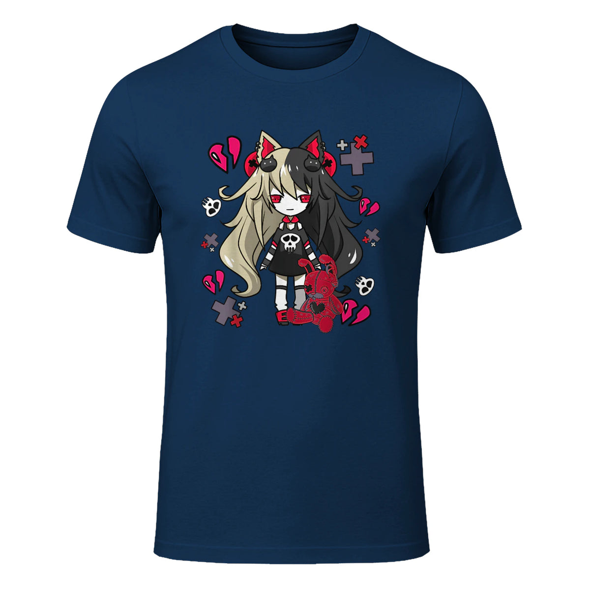 Chibi Kawaii Emo Pastel Goth Girl with Sad Bunny in Navy - front view