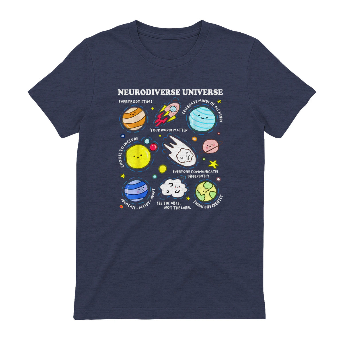 Kids Autism Awareness Neurodiverse Universe Neurodiversity in Heather Navy - back view