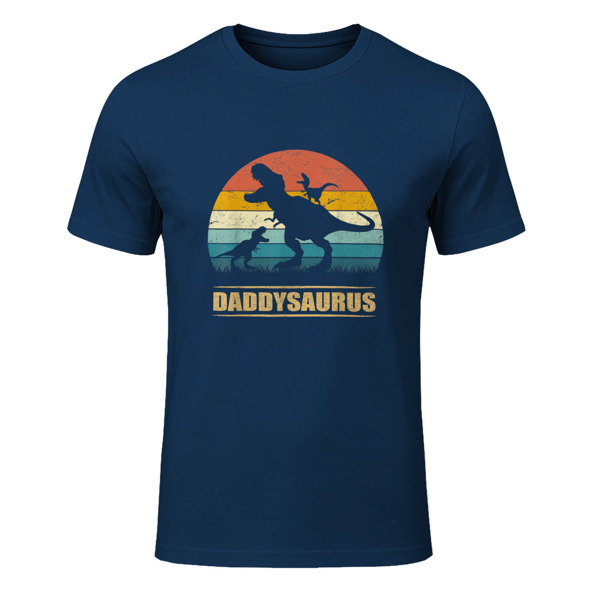 Daddy Dinosaur Daddysaurus Two Kids Funny Father's Day T-Shirt in Navy - front view