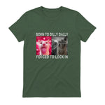 Born to Dilly Dally Forced to Lock in Cat Meme T-Shirt in Military Green - back view