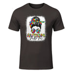 Autism Mom Life Messy Bun T-Shirt in Dark Chocolate - front view