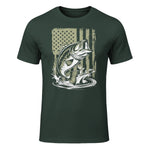 Fishing Camo Bass Fish American Flag Men's Fisherman Gift T-Shirt in Forest Green - front view