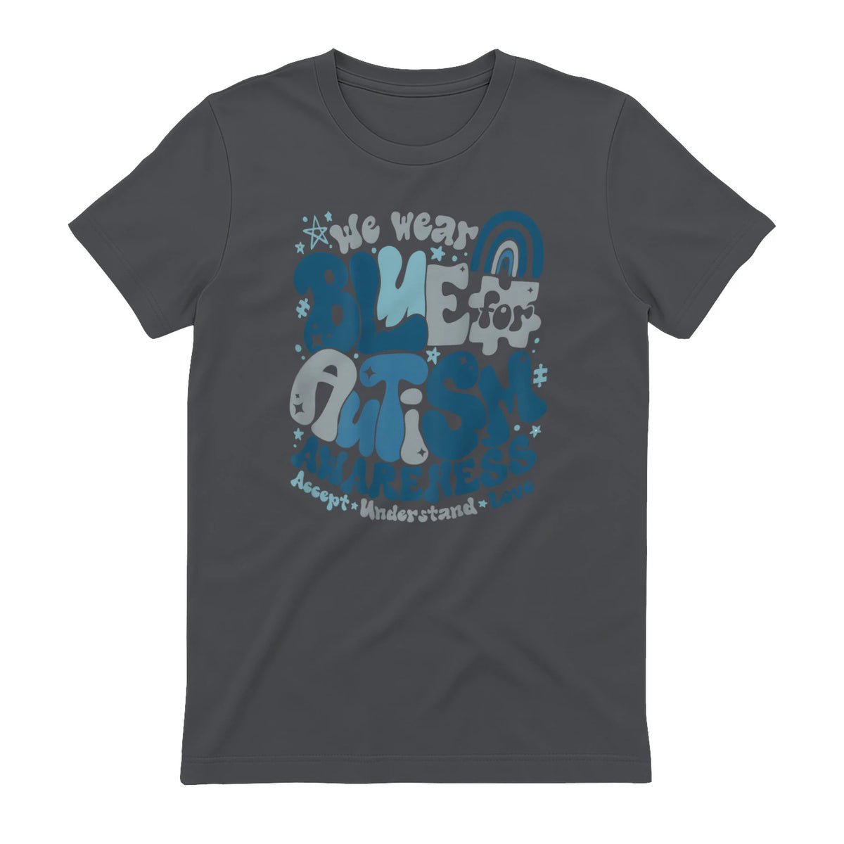 In April We Wear Blue Autism Awareness T-Shirt in Charcoal - back view