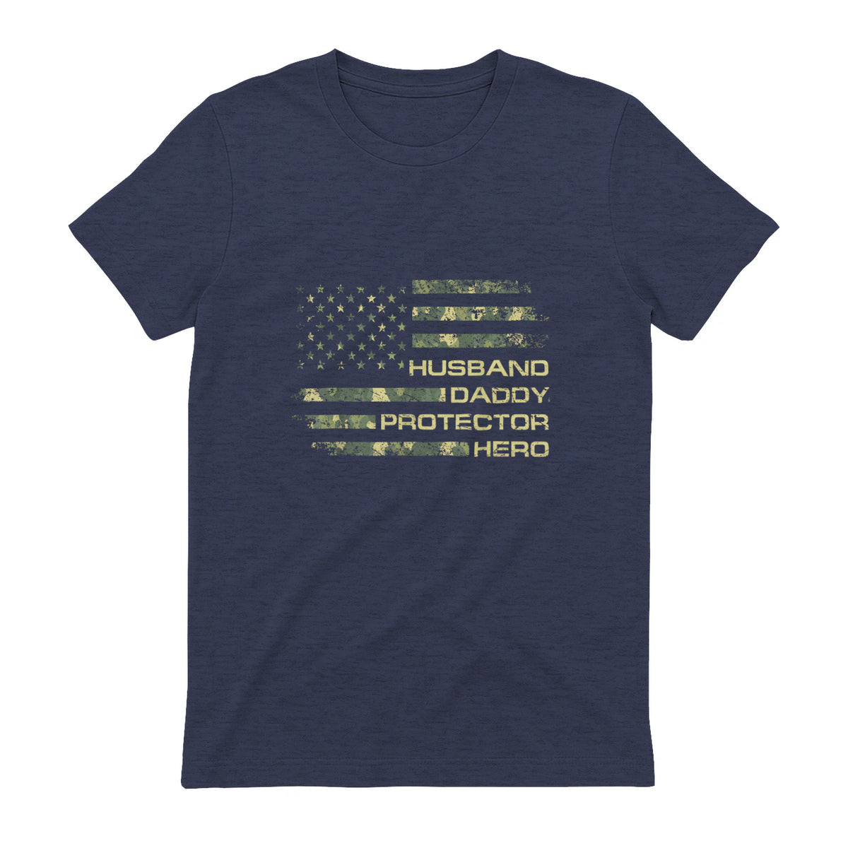 Husband Daddy Protector Hero Fathers Day Camo American Flag in Heather Navy - back view