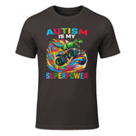 Autism is My Superpower Dino T Rex Monster Truck Kids Boys in Dark Chocolate - front view
