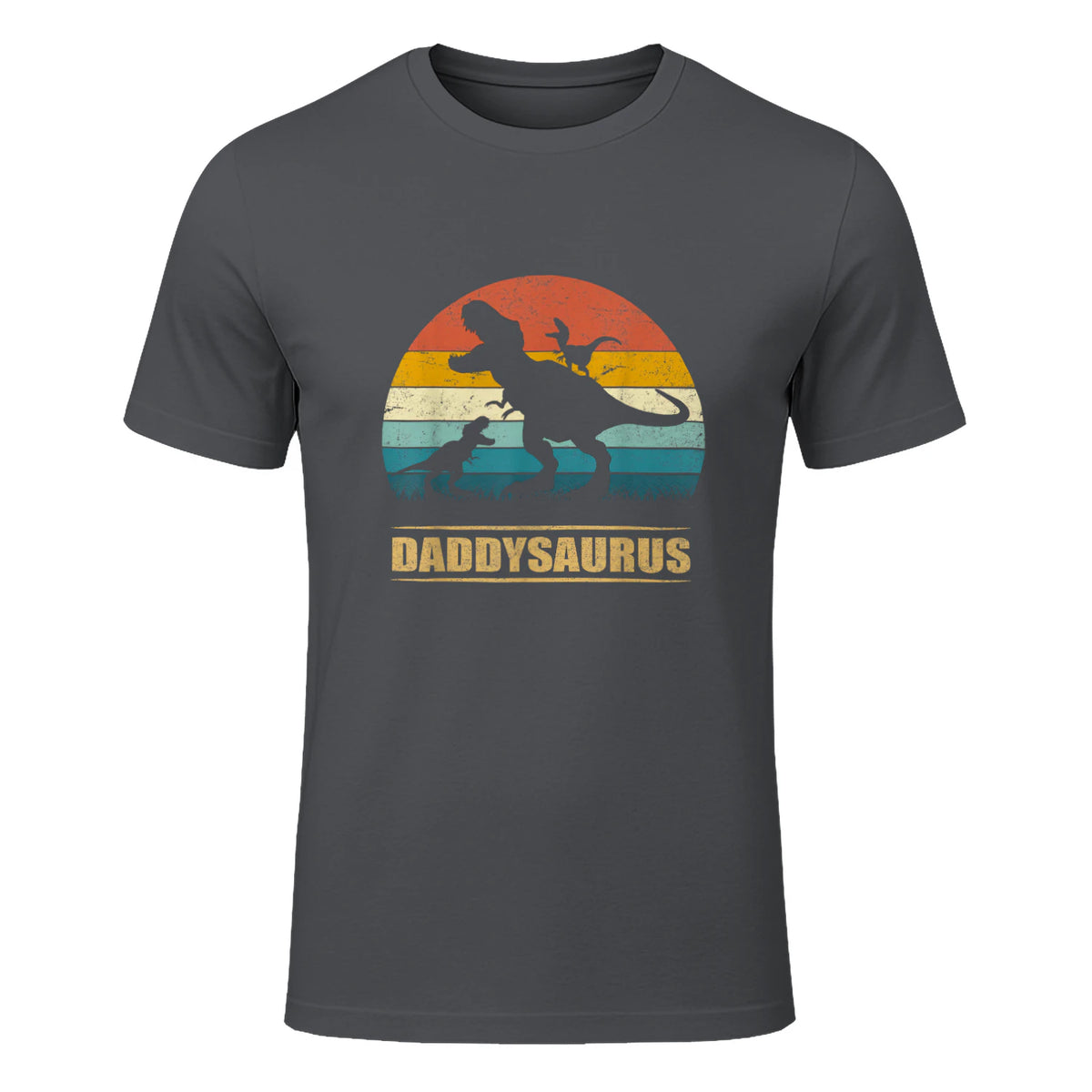 Daddy Dinosaur Daddysaurus Two Kids Funny Father's Day T-Shirt in Charcoal - front view