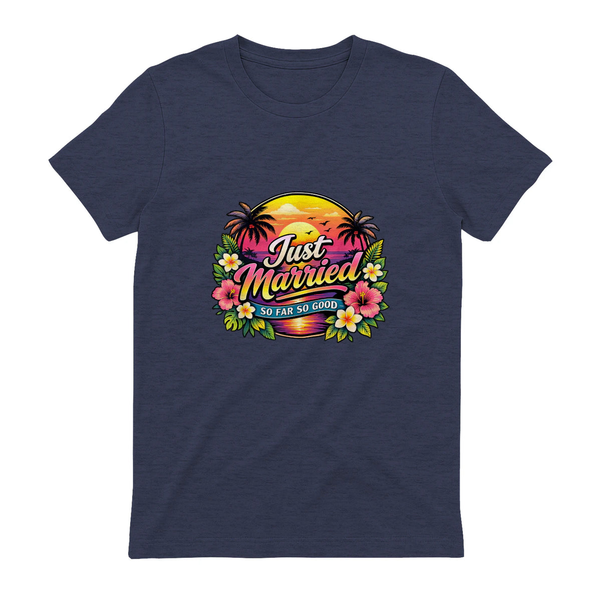 Couple de Jeunes mariés drôle Just Married Tropical Honeymoon in Heather Navy - back view